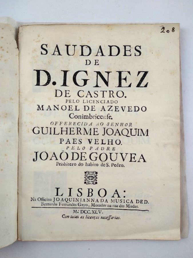 Manoel de Azevedo. – SAUDADES DE D. IGNEZ DE CASTRO.