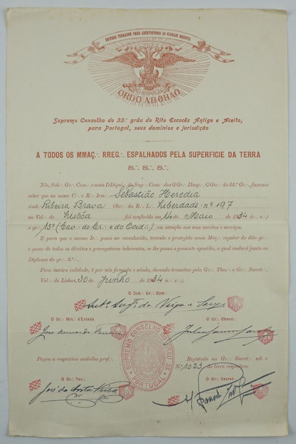 Diploma maçónico do bisavô da actual Duquesa de Bragança