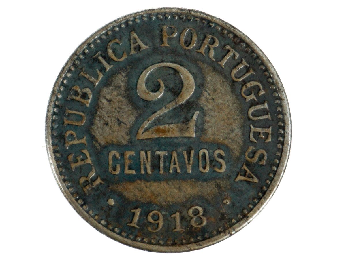 Rara moeda de 2 centavos da República Portuguesa em ferro