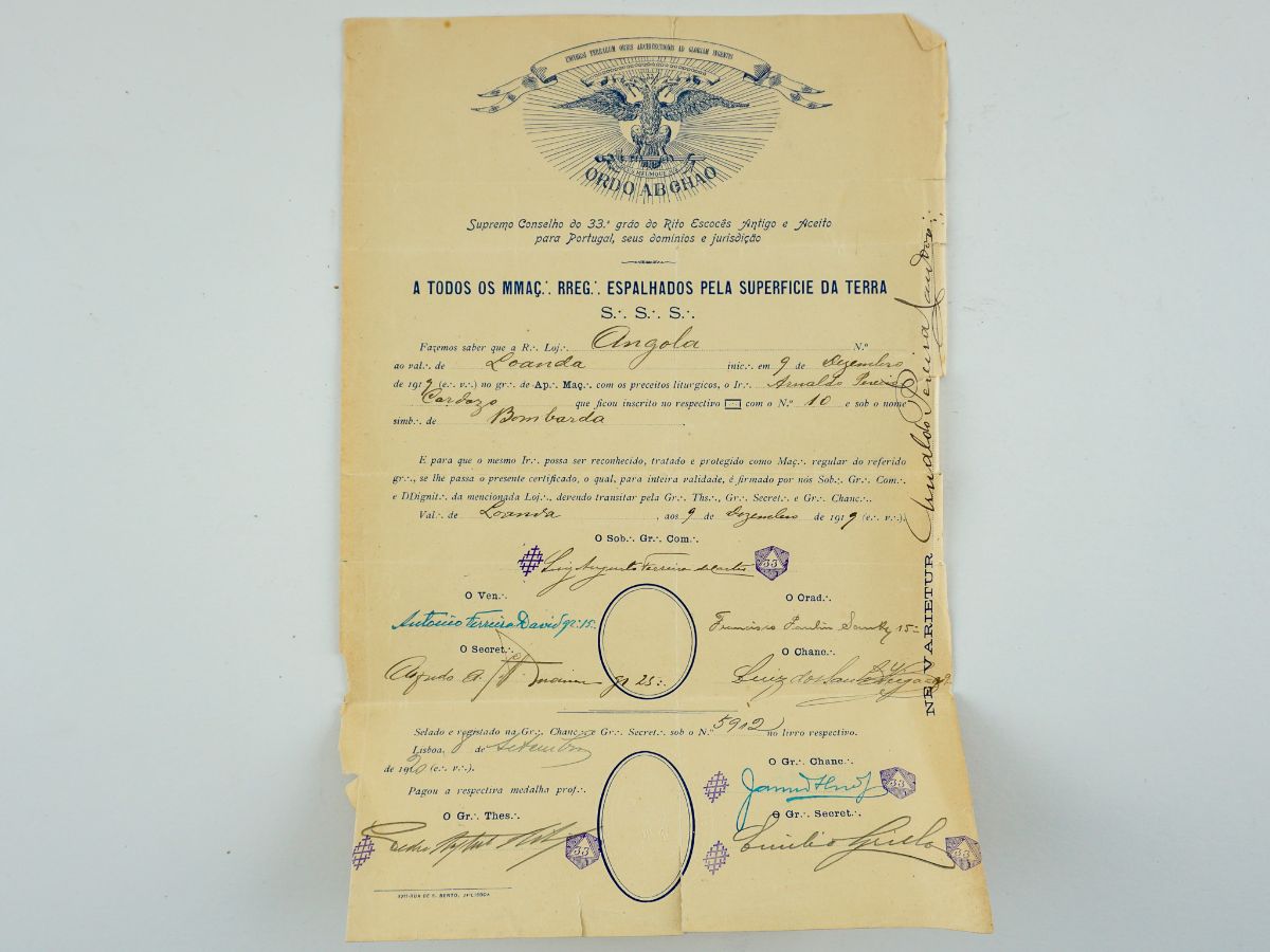 Diploma maçónico (Angola, 1919)