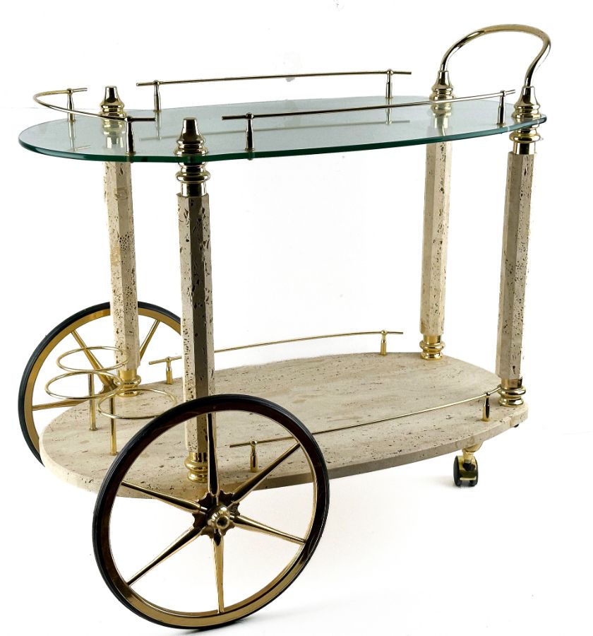 Mesa de chá em metal dourado, vidro e pedra a imitar o mármore