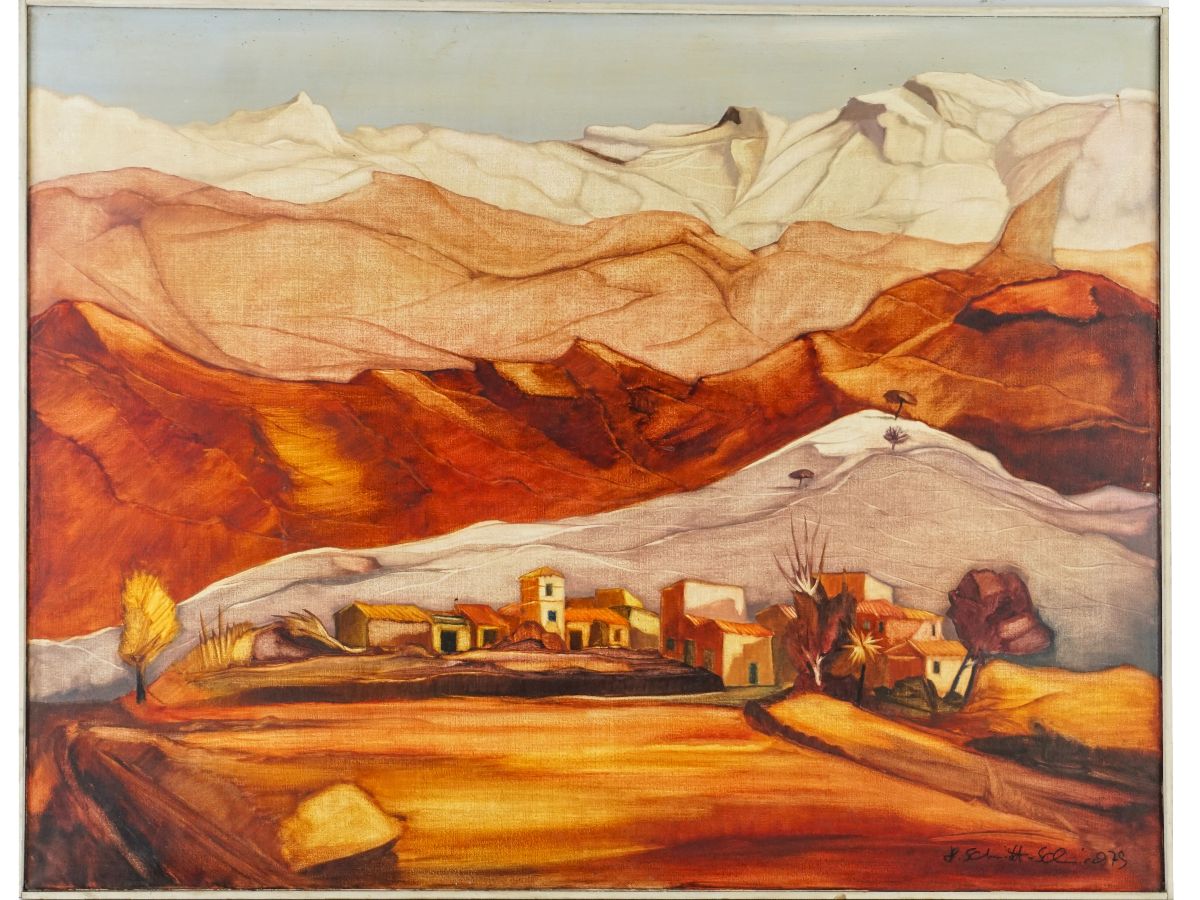 Paisagem com aldeia e montanha