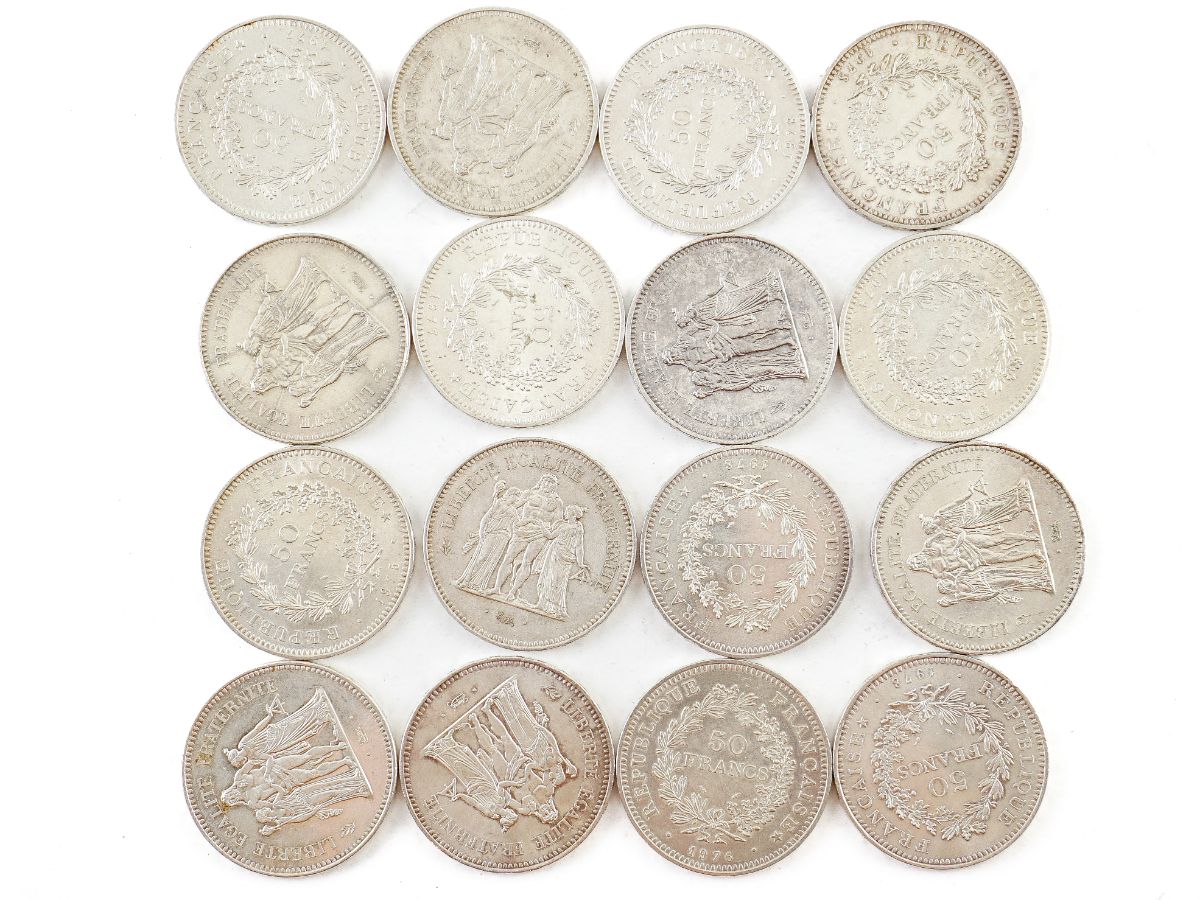 16 Moedas francesas de 50 francos em prata 900 milésimas