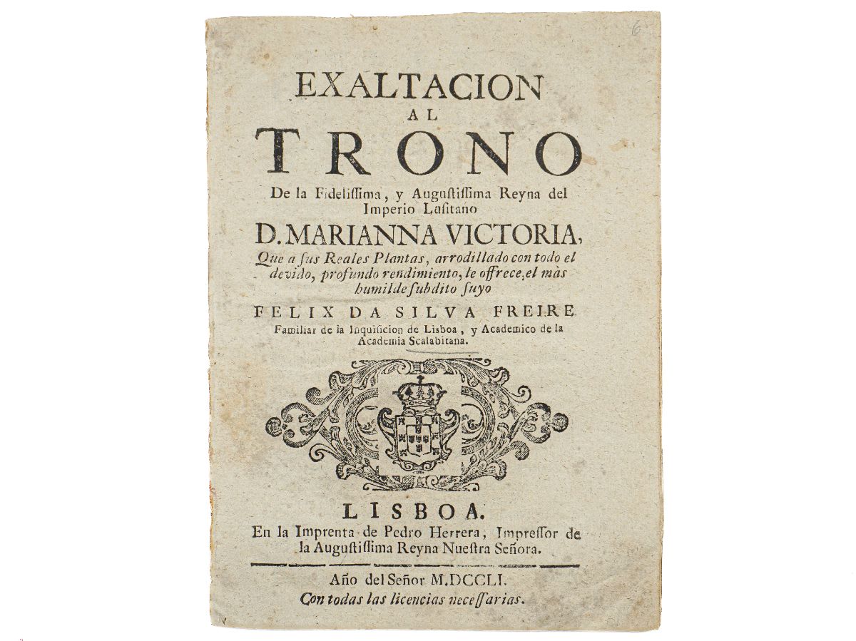 Exaltacion al trono de la fidelissima, y augustissima reyna del Imperio lusitano D. Marianna Victoria (1761)