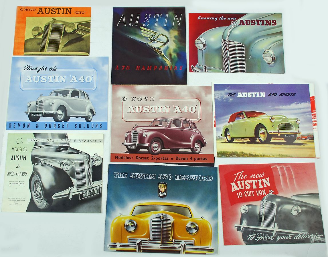 12 Folhetos da marca de carros Austin e 2 Postais