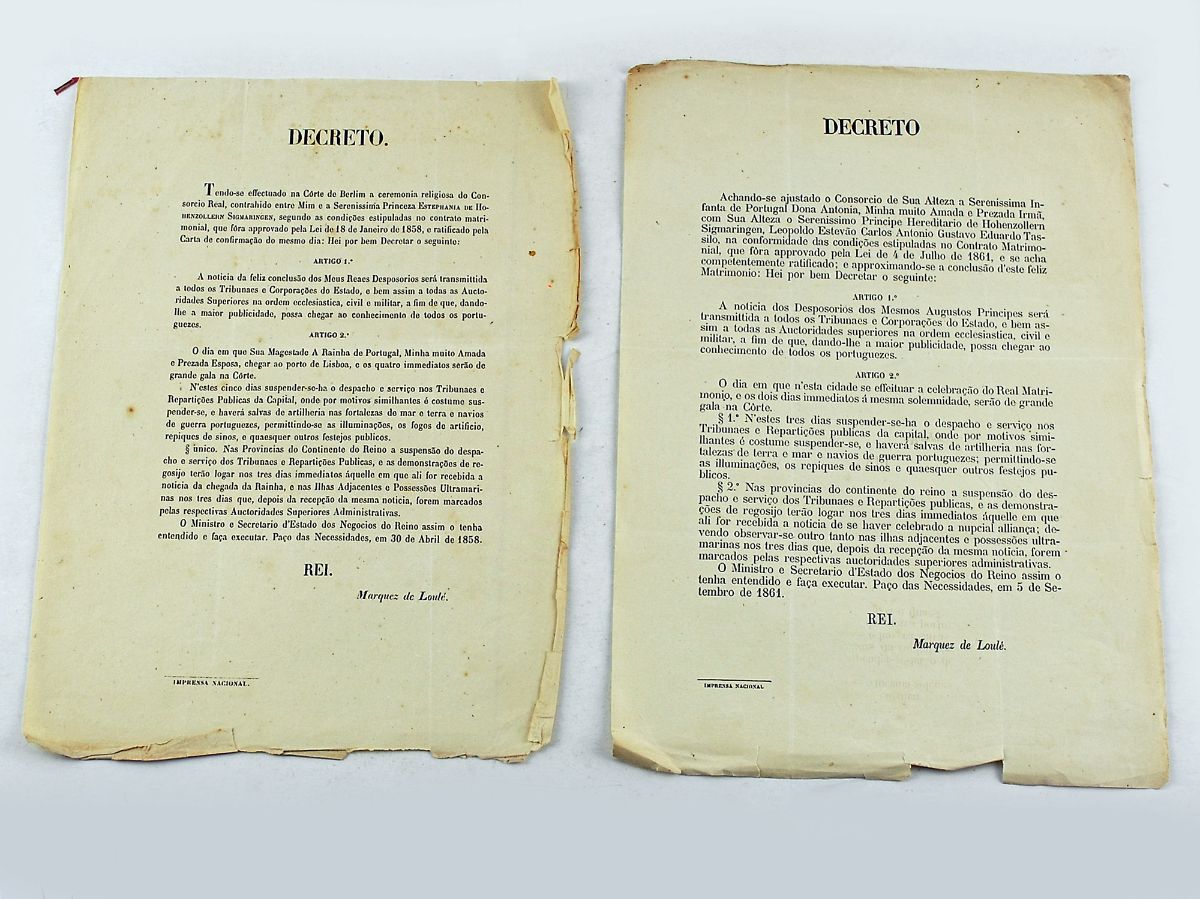 Decretos sobre Casamentos Reais de D. Pedro V e D. Estefânia 1858