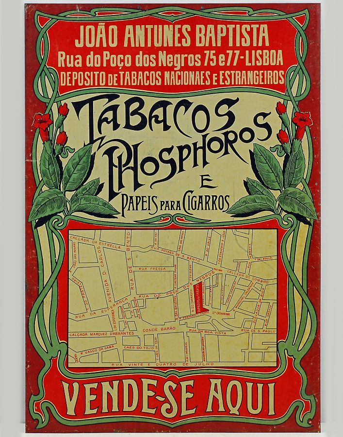 Placa publicitária estilo Arte Nova antiga para venda de Tabacos e afins