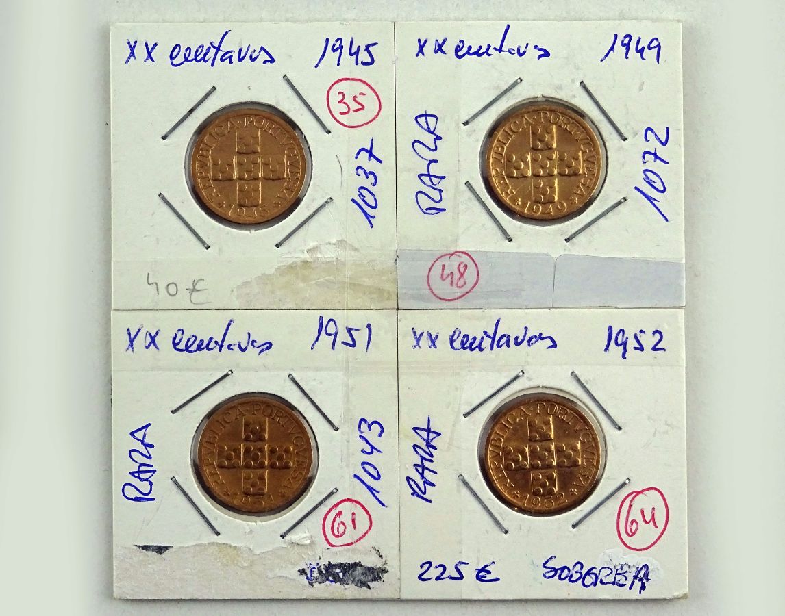 Conjunto de 4 moedas belas e soberbas de XX centavos