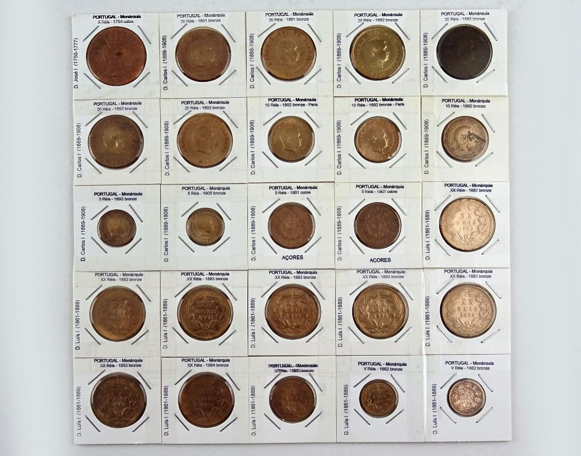 Conjunto de 25 moedas da monárquia (D. José I, D. Luis I e D. Carlos I)