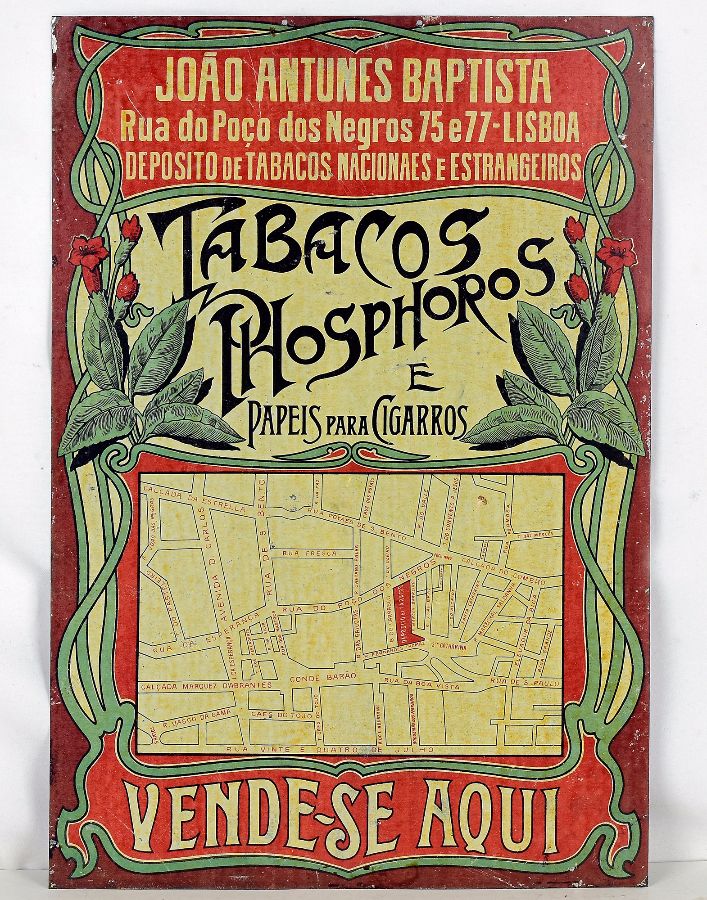 Placa publicitária estilo Arte Nova antiga para venda de Tabacos e afins