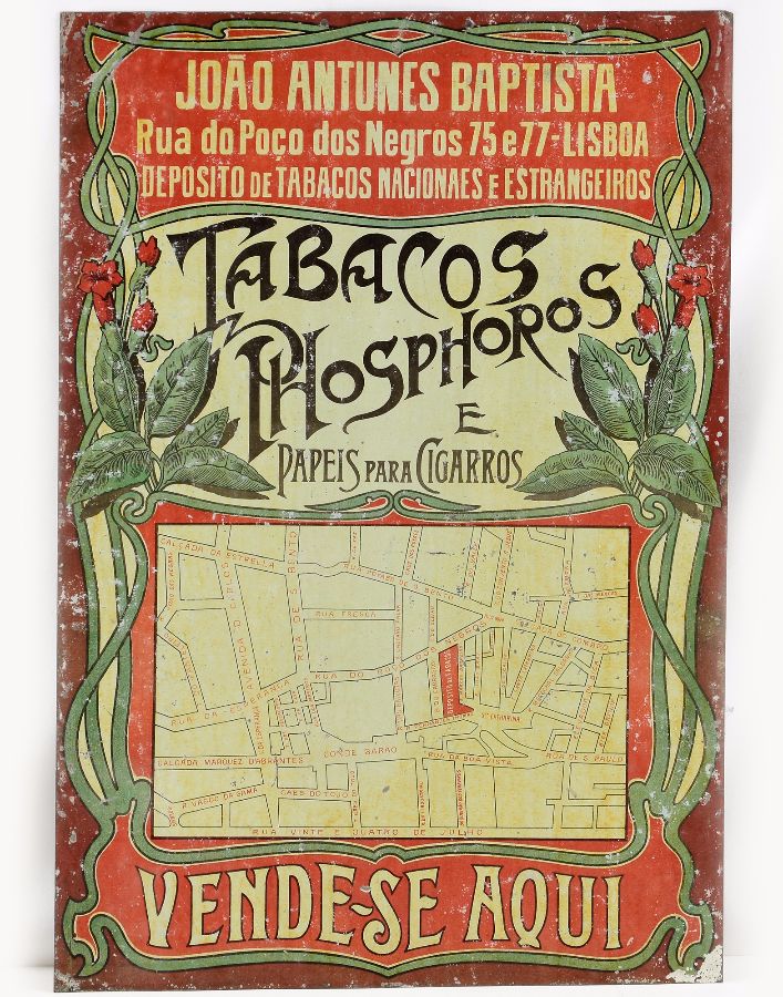 Placa publicitária estilo Arte Nova antiga para venda de Tabacos e afins