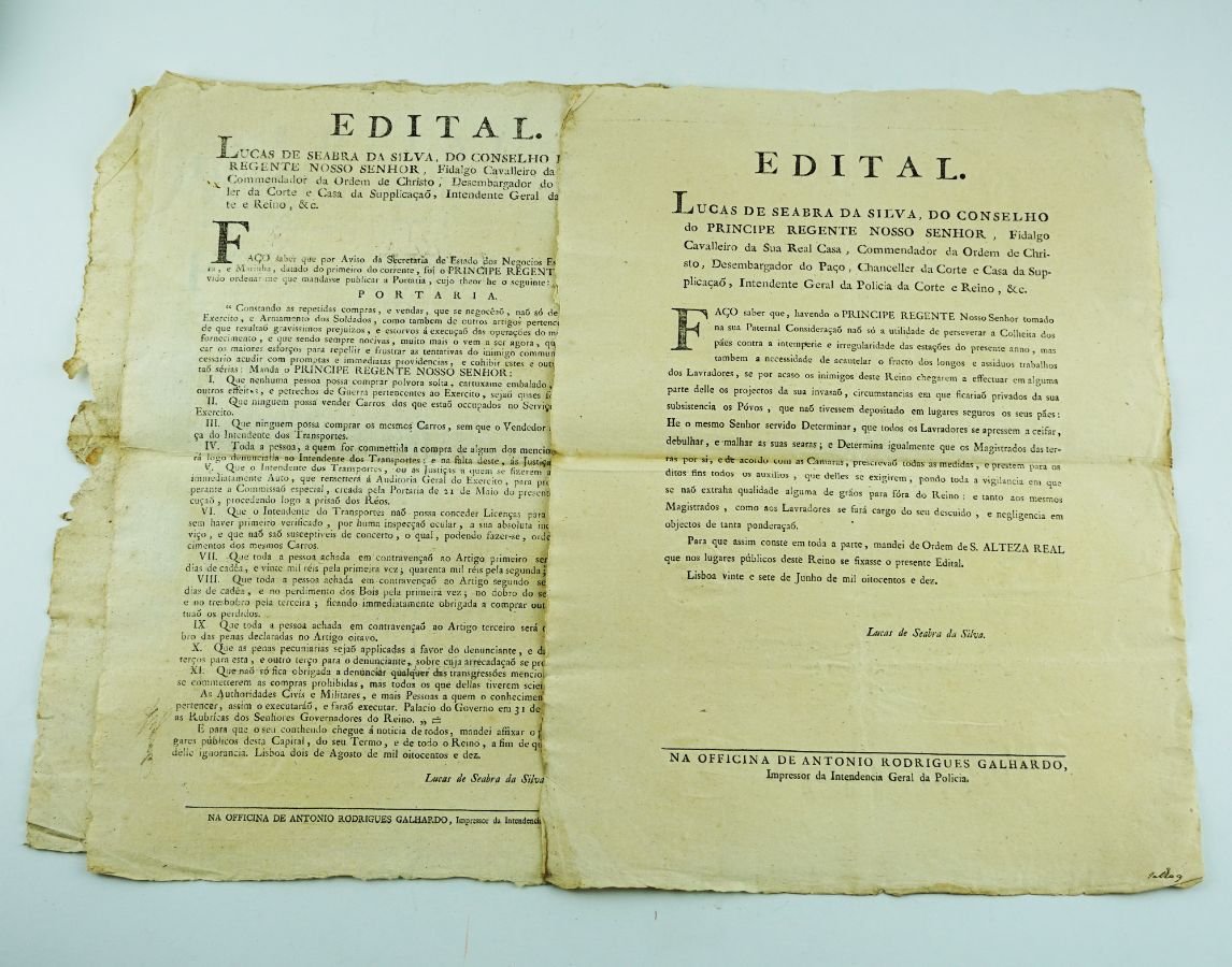 Invasões Francesas – Editais da Intendência da Polícia (1810)