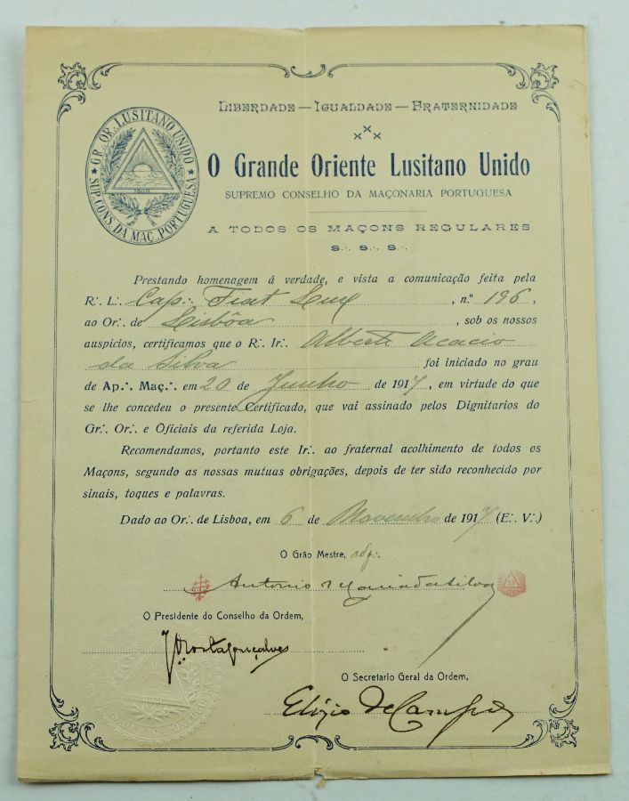 Diploma Maçonico, 1914, Fiat Lux
