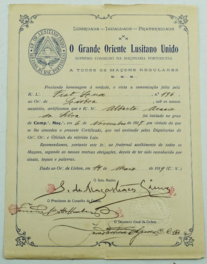 Diploma Maçonico, 1919 Fiat Lux