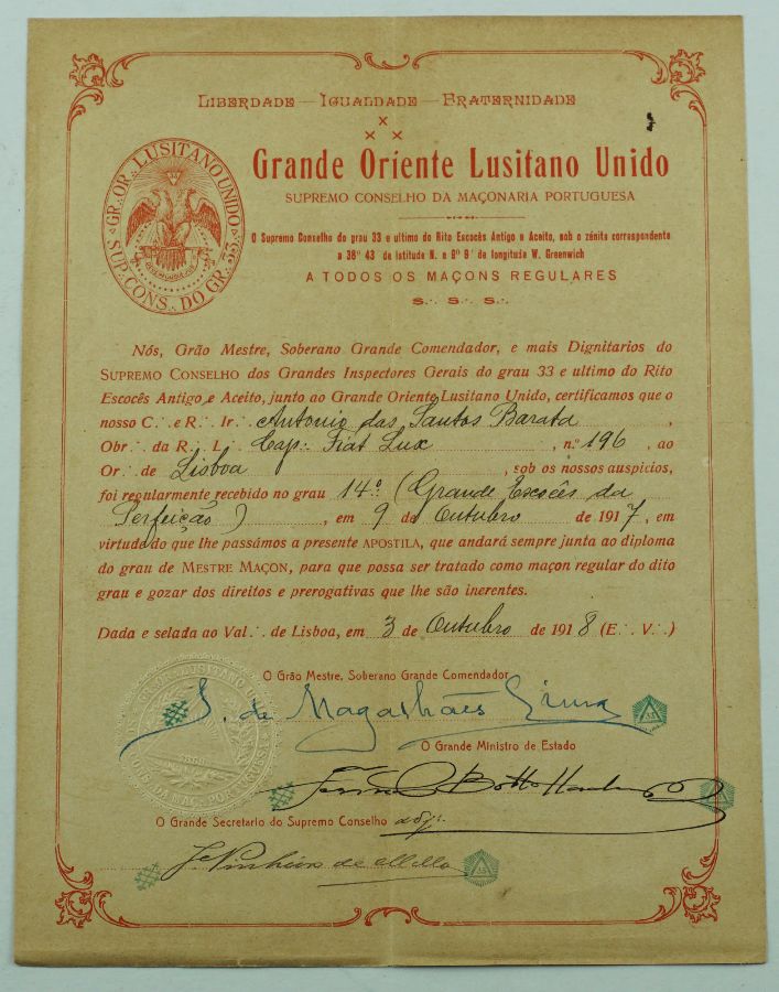 Diploma Maçonico, 1918
