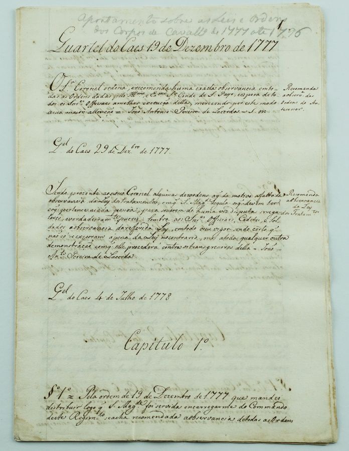 MANUSCRITO DO SÉCULO XVIII - ORDENS DO QUARTEL DO CAES