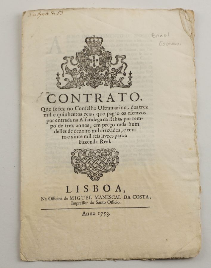 Publicação sobre contrato de escravos na Alfandega da Bahia – 1753