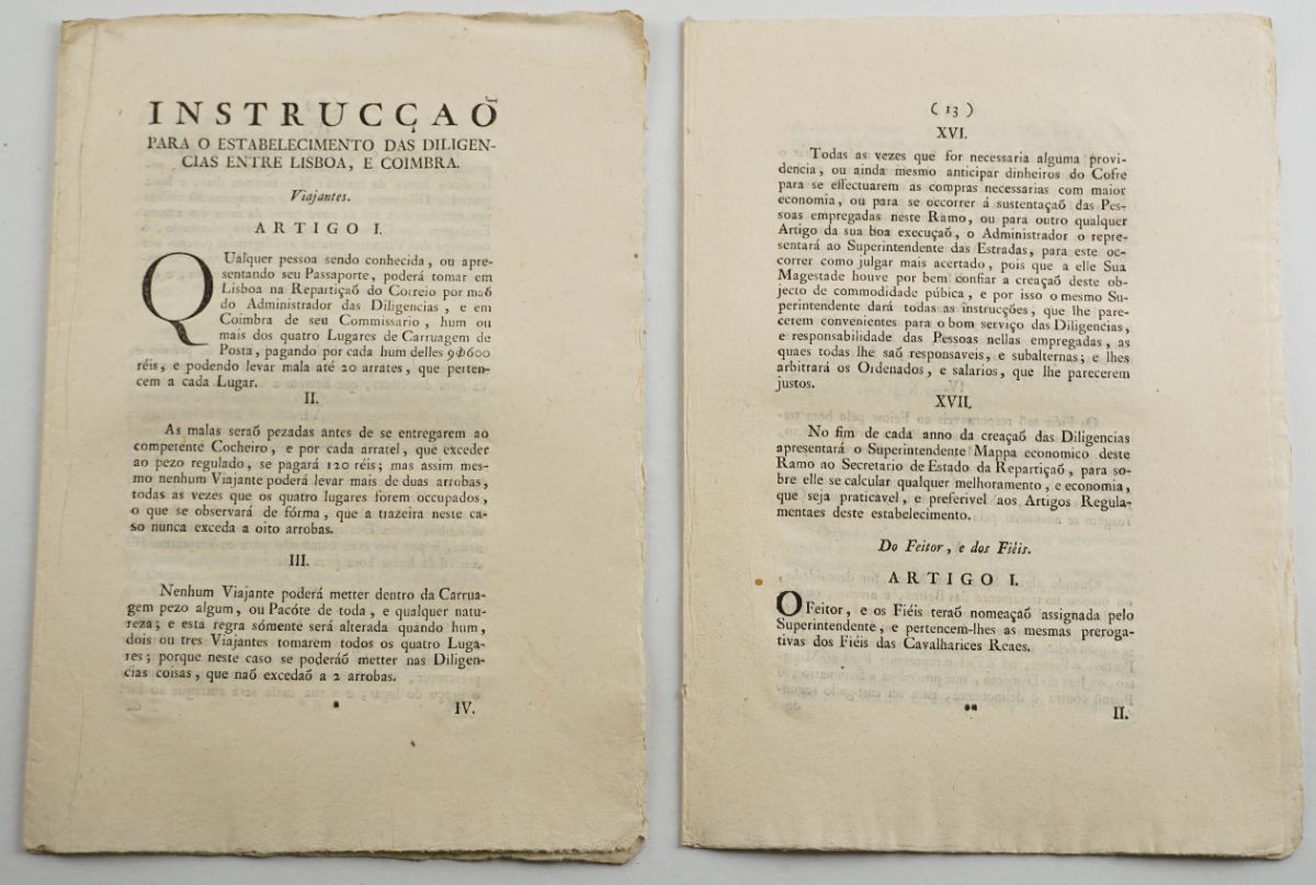 Instrucção para o estabelecimento das Diligências entre Lisboa e Coimbra – Primeira Carreira Mala Posta em Portugal – sec XVIII