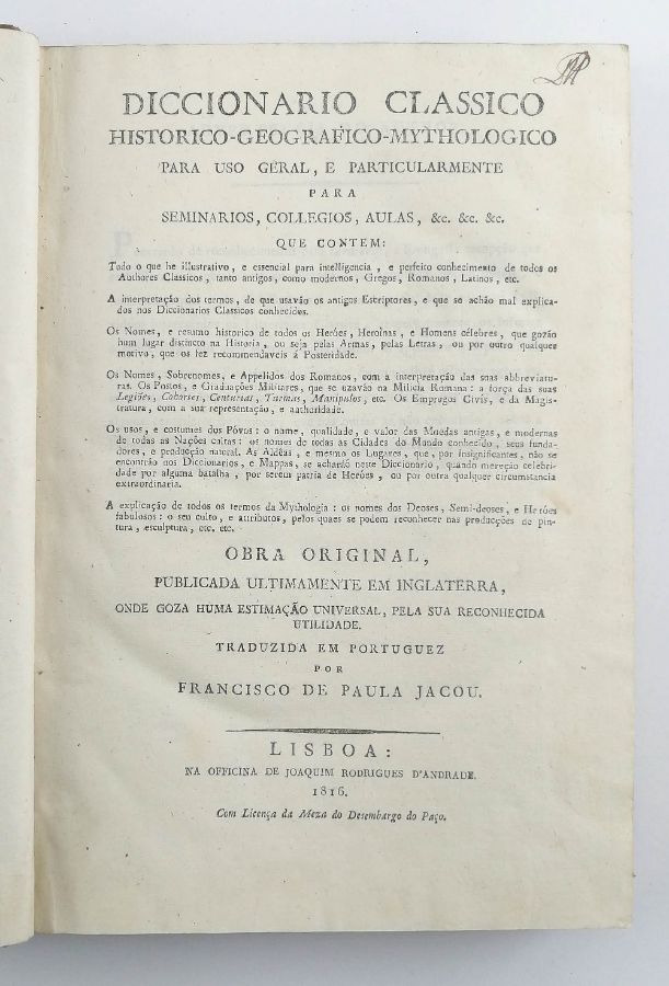 Diccionário Clássico Histórico – Geográfico –Mythologico