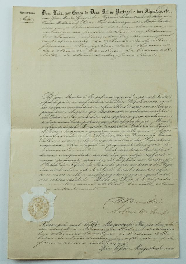 Carta Cavaleiro da Ordem Militar – manuscrito Rei D.Luiz, 1878