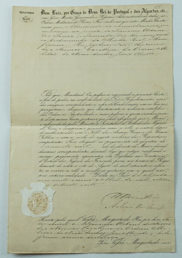 Carta Cavaleiro da Ordem Militar – manuscrito Rei D.Luiz, 1878