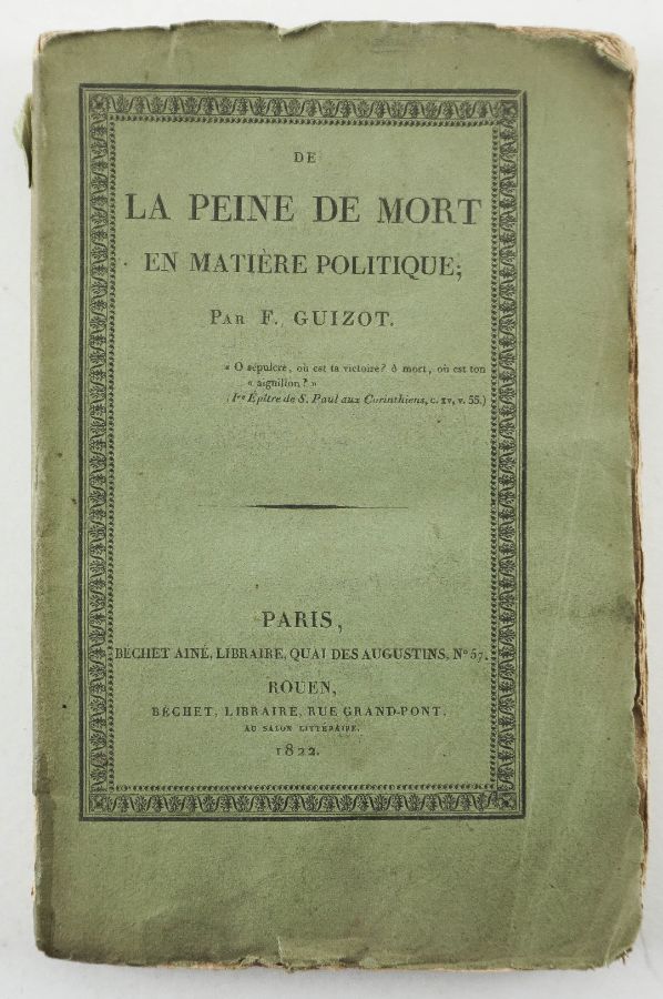1ª edição de livro de Guizot sobre a pena de morte (1822)