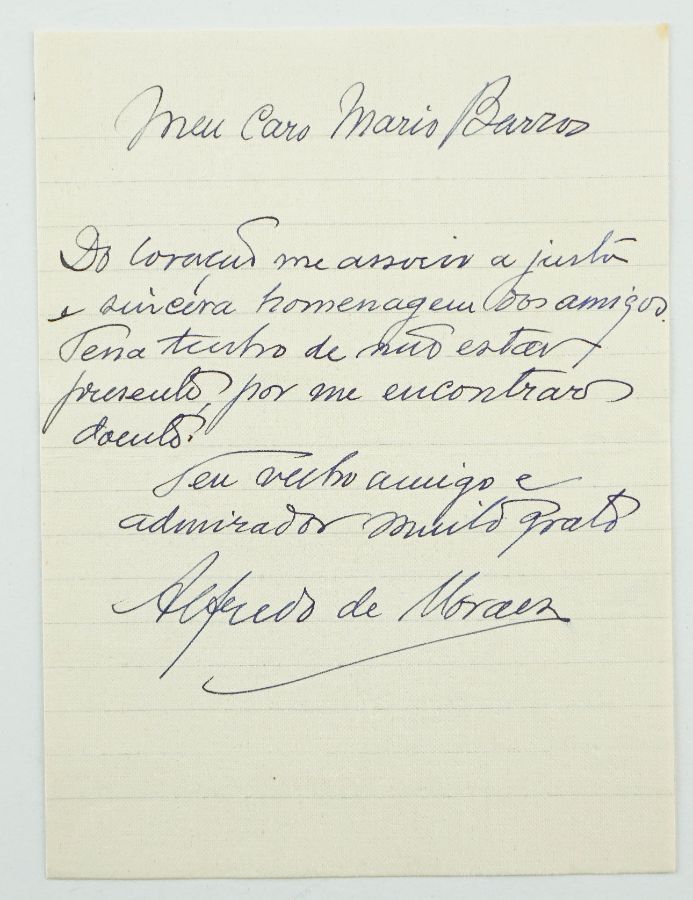 Carta manuscrita pelo Pintor Alfredo Moraes para o Jornalista Mário Barros						