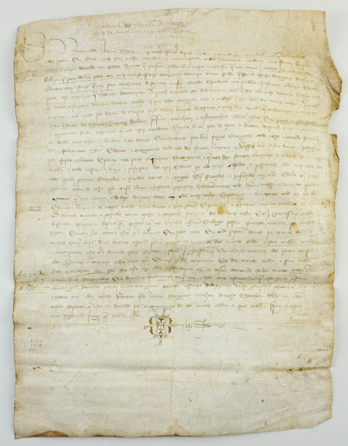 Manuscrito s/ pergaminho 48 x 37 cm, assinado, sinal público