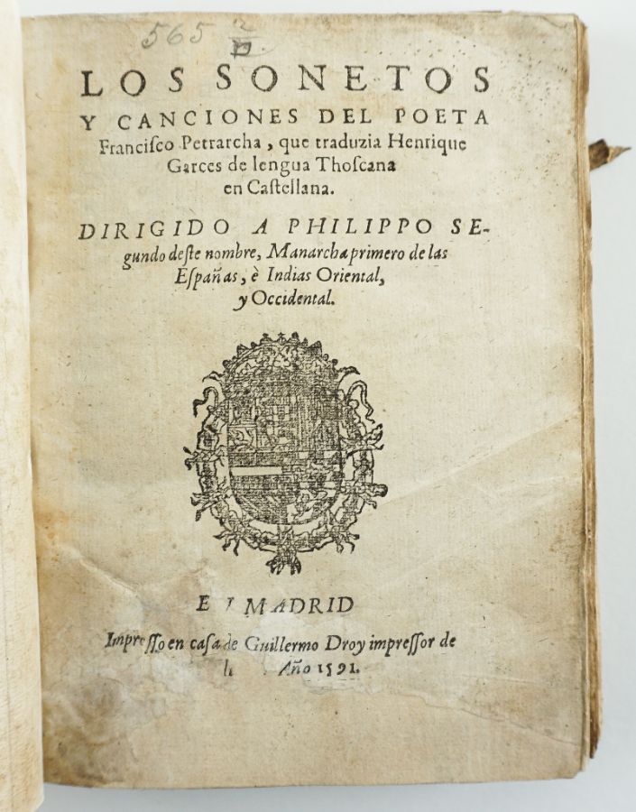 Primeira edição espanhola de Petrarca - 1591
