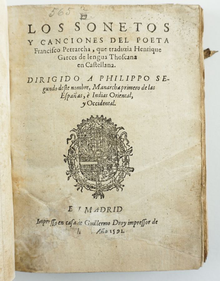Primeira edição espanhola de Petrarca - 1591