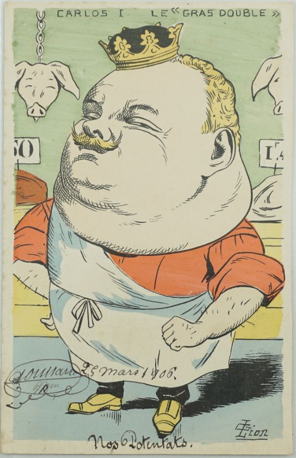 Raríssimo postal satírico francês sobre D. Carlos (1906)