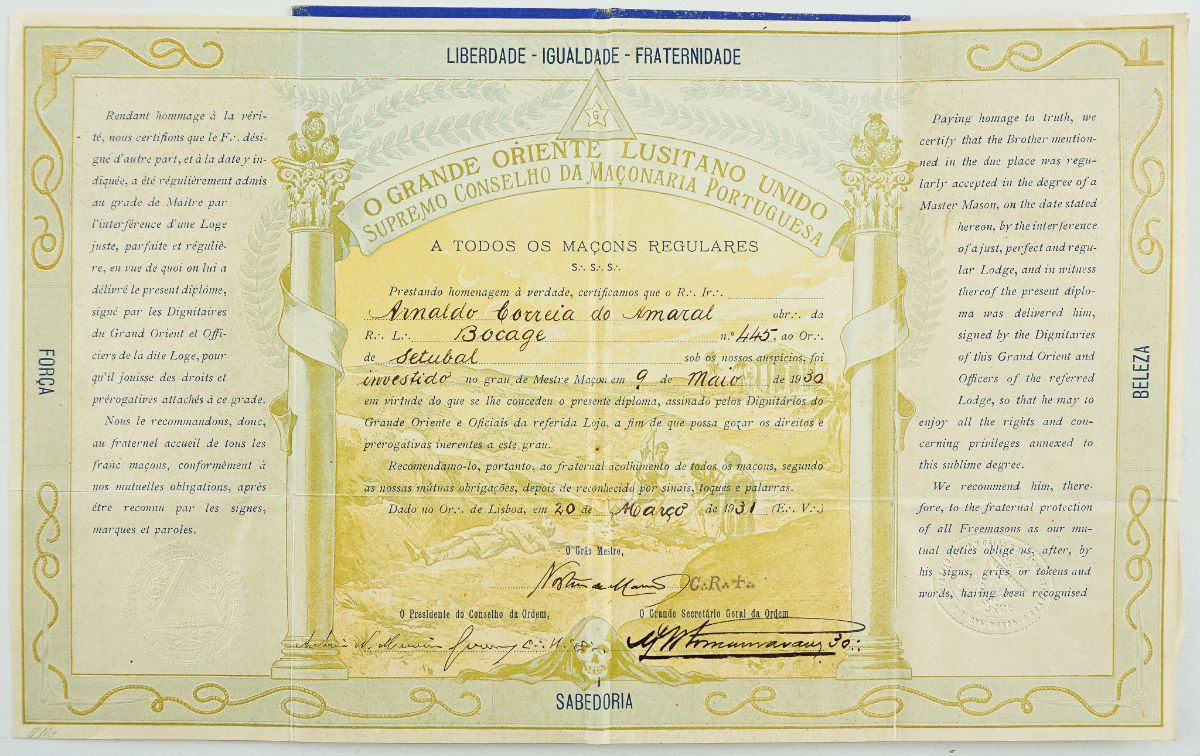 Diploma maçónico assinado por Norton de Matos (1931)