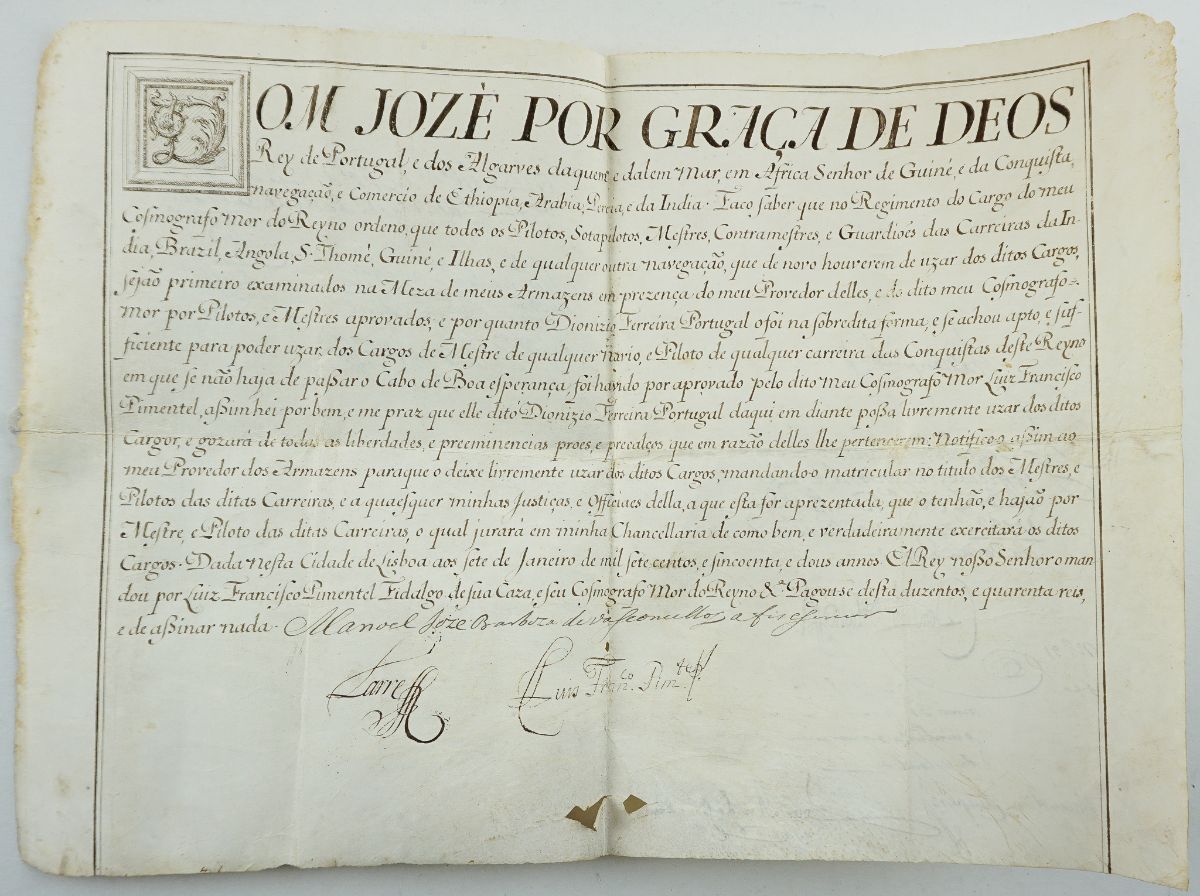 Rei Dom José I Manuscrito náutico em pergaminho - 1752