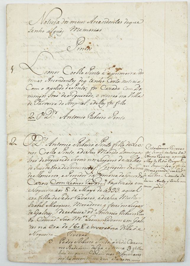 Manuscrito século XVIII genealogia